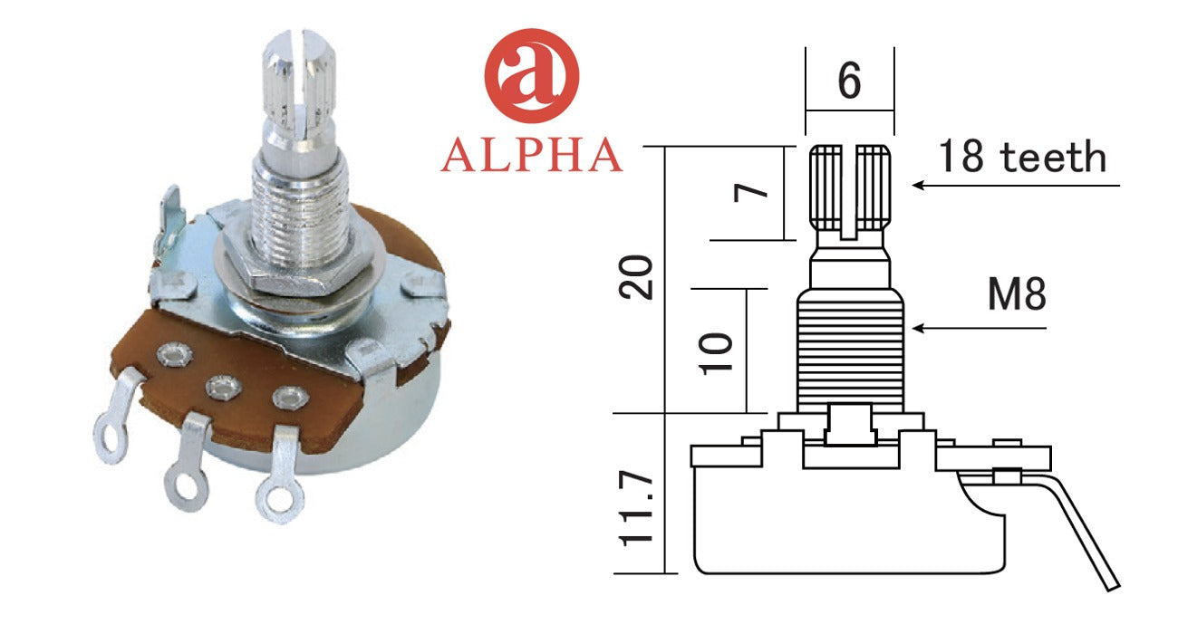 Alpha Series Potentiometer, 500K Audio or Linear Taper, 24mm dia, 18-spline (metric)