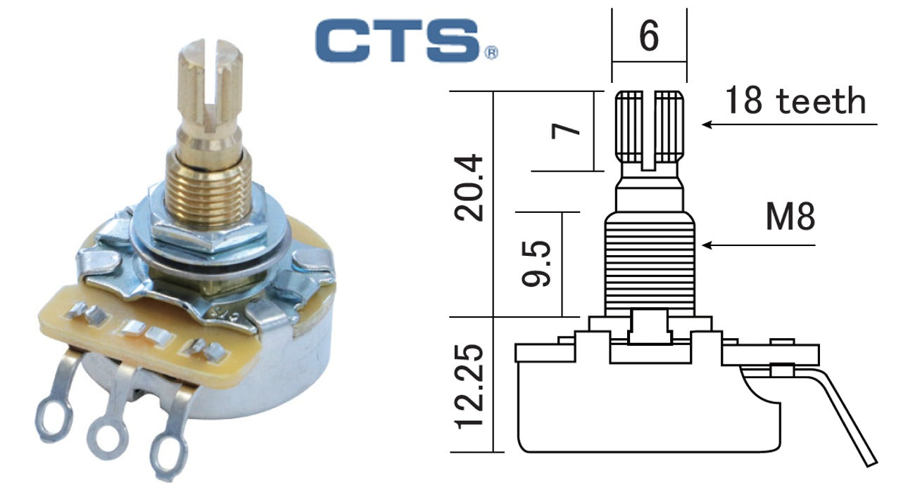 CTS Potentiometer (Metric), 250K Audio or Linear Taper, Short Shaft 18-spline
